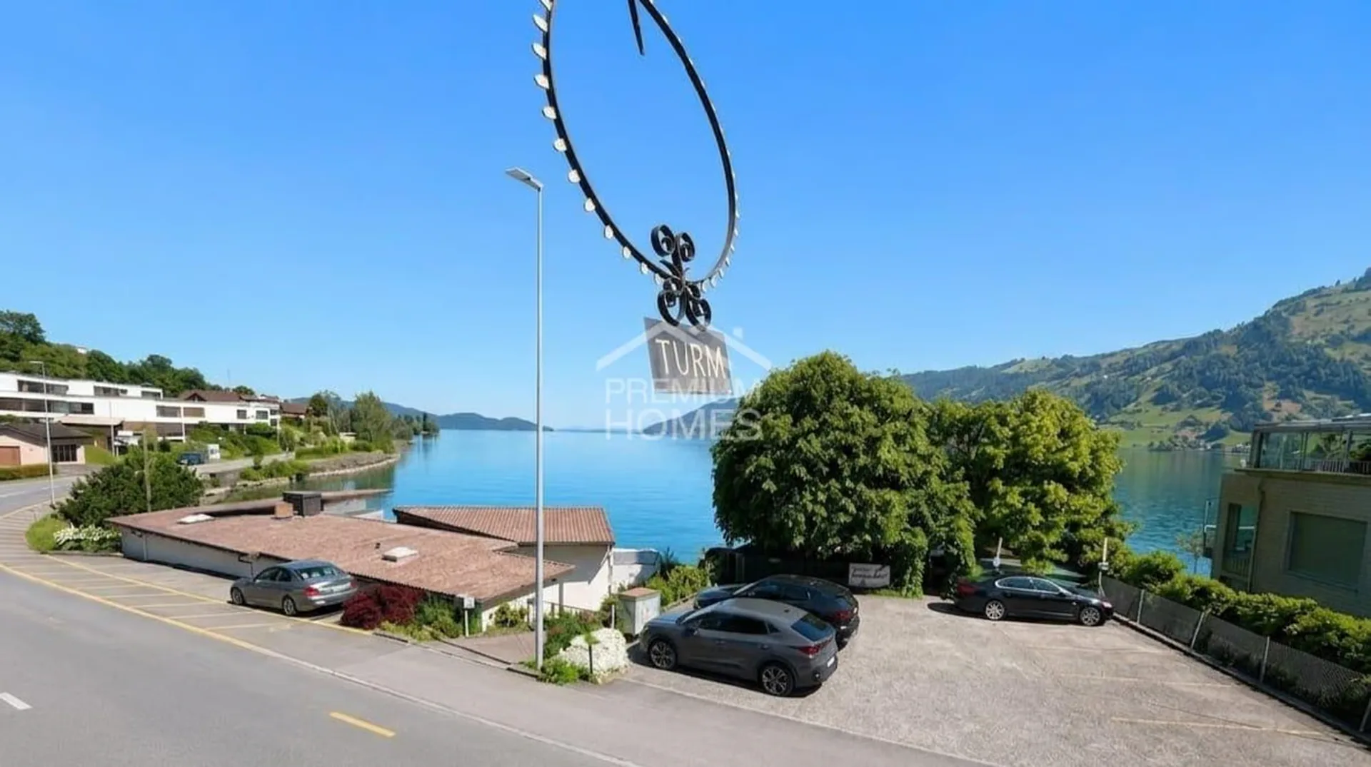 Stylish living with lake view and charm
