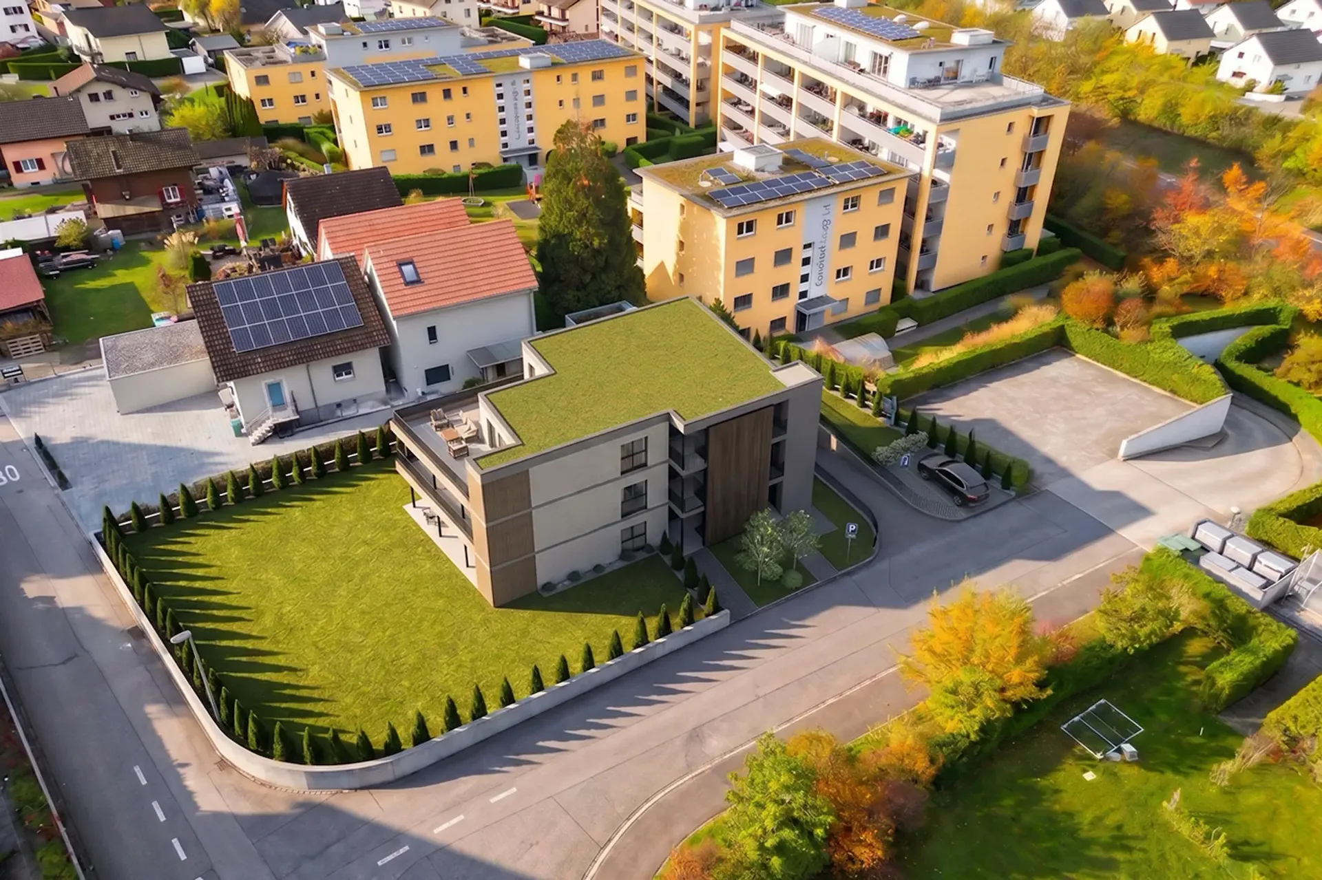 Nuovo edificio: piano moderno, grande terrazza, tecnologia ecologica della casa