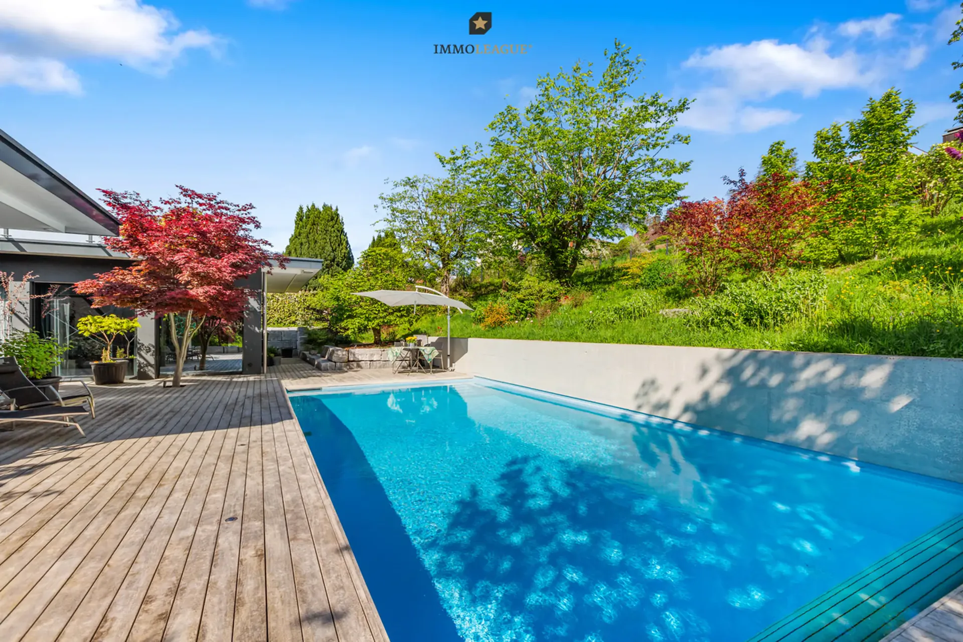 Villa di architetto con atrio, piscina e vista panoramica sul lago.