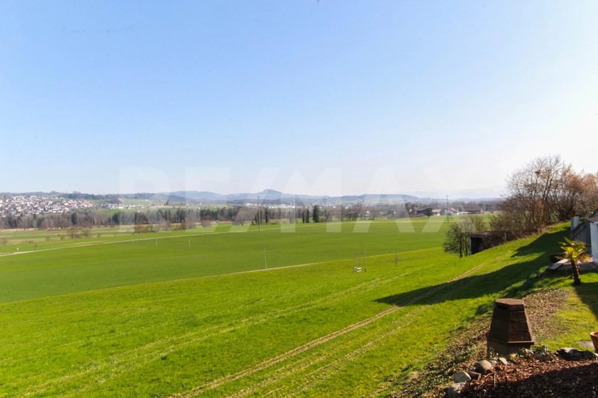 View of green meadows and the mountains