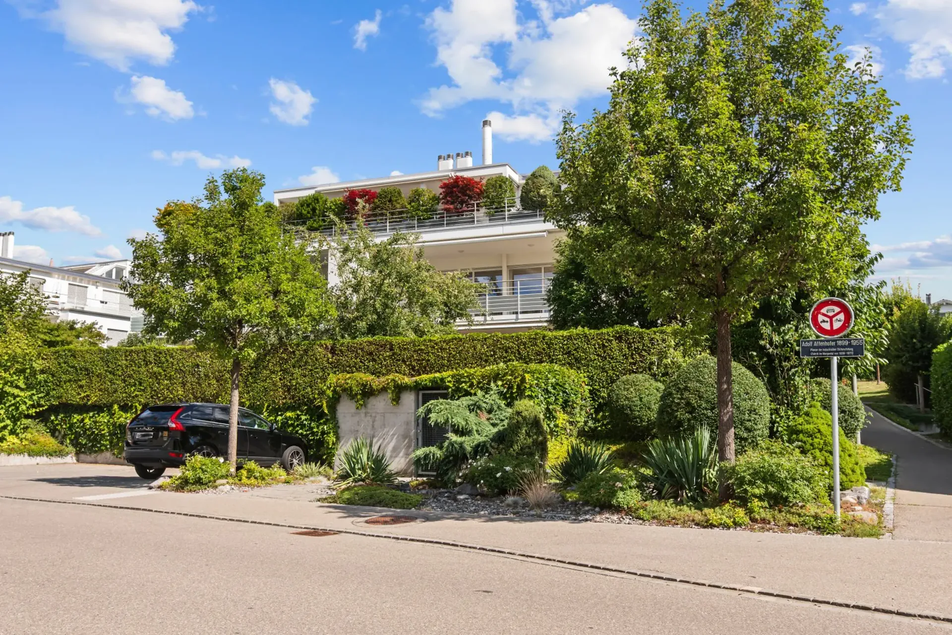 In a sunny, green residential area