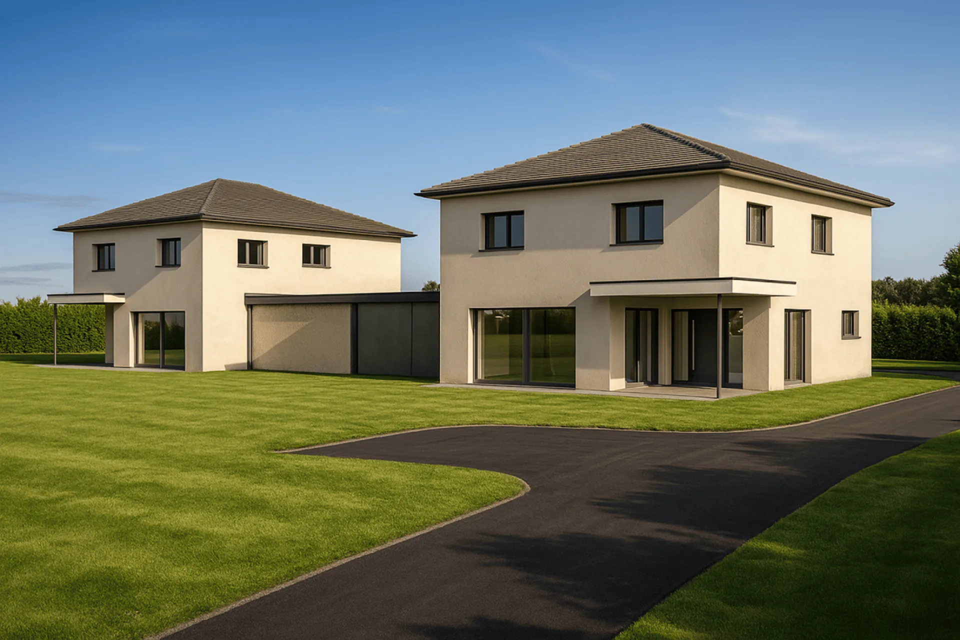 Construction neuve, maison unifamiliale avec carport double dans un endroit calme