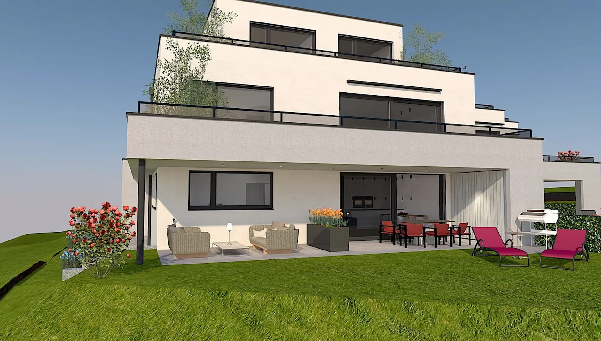 Appartamento di 3,5 locali al piano terra con quota di terreno di 112m2 / 35m2 di area di seduta coperta