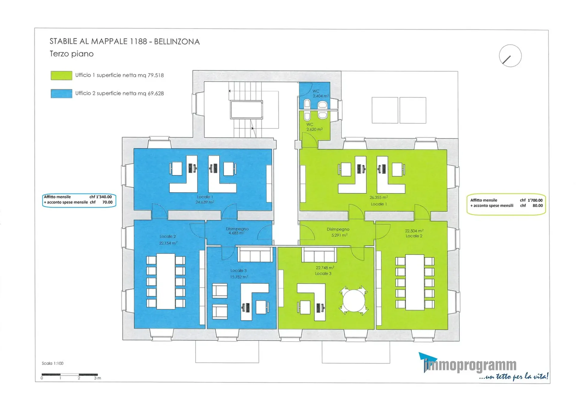 Büro mit 3 Räumen, letztes Stockwerk, Stadtzentrum